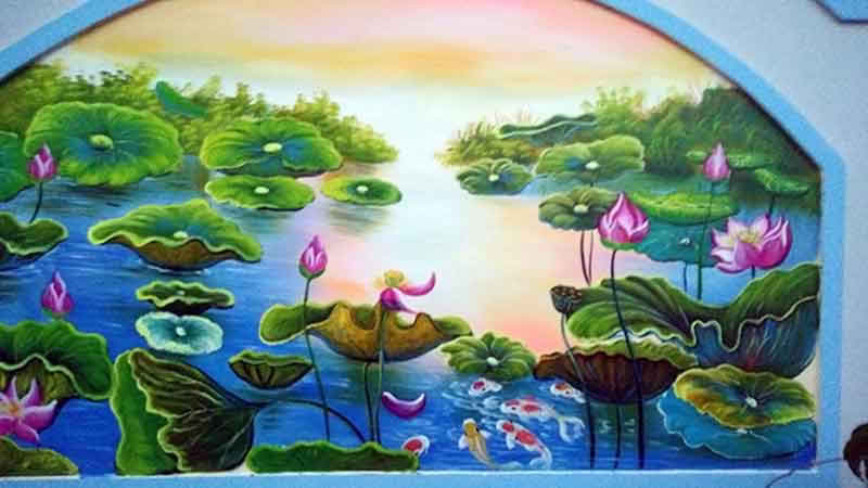 Vẽ tranh tường phong cảnh hoa sen